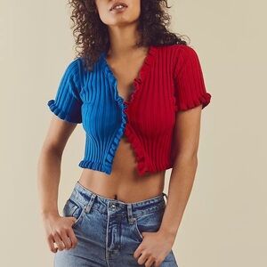 Free People Two-Tone Ribbed Crop Top in Red & Blue